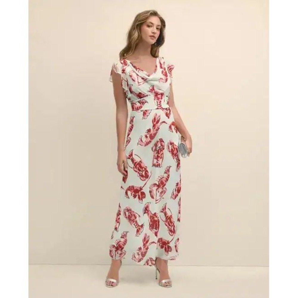 Brooks Brothers Silk Lobster Print Cowl Neck Maxi Dress Mint Green Red 10